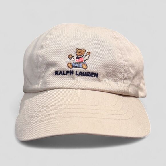 Vtg Polo Ralph Lauren Kids Cap Sit Down Bear Khaki 90s Strap Back One Size 4-6X - Picture 2 of 8